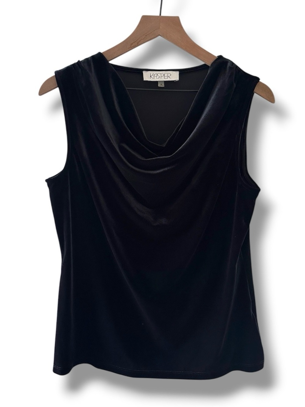 Kasper Black Velvet Draped Cowl Neck Sleeveless Top Womens Sz Medium Winter 90s
